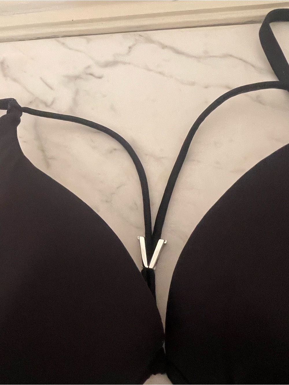 VENUS Black Push-Up bikini top with Silver V Accent Straps